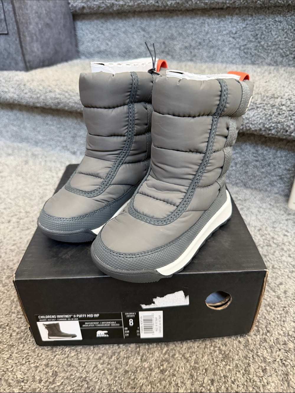 Sorel Kids Whitney puffy Boots with Orange Pull Tabs